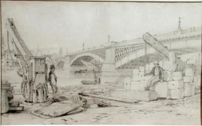 Vue du Pont de Southwark et de la Tamise depuis Bankside, avec deux grues au premier plan
