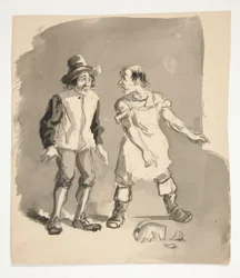 Caricature de deux hommes et un pot cassé