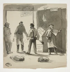 Croquis de guerre civile (recto) ; Homme regardant une peinture (verso)