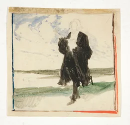 Homme en manteau dans un paysage - illustration non identifiée