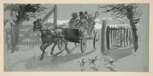 Groupe de personnes dans une charrette ouverte - (illustration non identifiée)