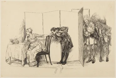 Illustration pour She Stoops to Conquer de Goldsmith : « Ici, derrière ce paravent »