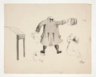 Homme balançant un seau vers deux garçons (recto); Deux hommes derrière un mur (verso)