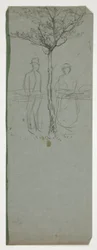 Homme et femme sous un arbre - (illustration non identifiée)