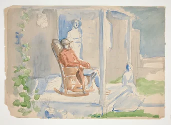 Homme dans un fauteuil à bascule sur le porche avec sa femme et son enfant - illustration non identifiée