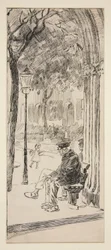 Homme sur un banc de parc - illustration non identifiée