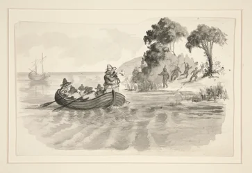 Hommes dans un canot fuyant les Indiens sur le rivage - illustration non identifiée (Christophe Colomb découvrant le Nouveau Monde?) - explorateurs débarquant dans le Nouveau Monde