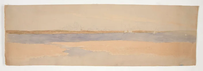 Paysage fluvial avec ville sur la rive lointaine
