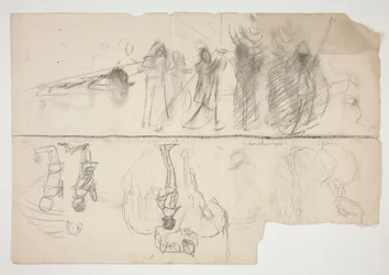 Feuille de croquis pour la série murale La Quête du Saint Graal à la bibliothèque publique de Boston (recto); Croquis non identifié (verso)