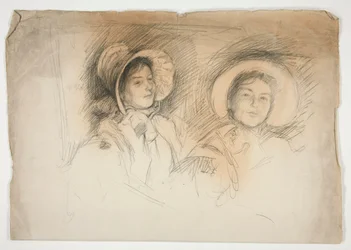 Croquis de deux jeunes femmes en bonnets (sujets non identifiés)