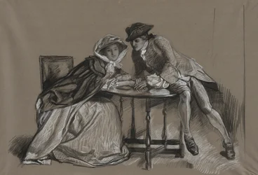 Étude. Dame et gentilhomme en conversation à travers une table