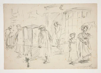 Étude de scène de rue avec chaise à porteurs