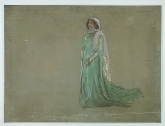 Étude, femme en longue robe verte, écharpe rose