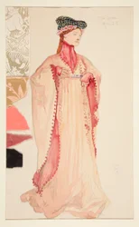 La Reine (en rose), croquis de costume pour Henry Irving