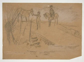 Deux hommes et deux chevaux dans un paysage - illustration non identifiée