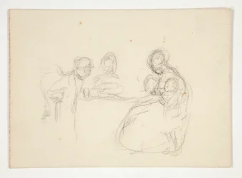 Illustration non identifiée - Étude de figures à une table. Homme assis au verso.