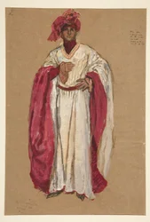 Homme non identifié en robe rouge, croquis de costume pour Richard II
