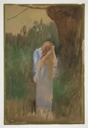 Femme dans un paysage, peignant ses longs cheveux blonds - (illustration non identifiée)