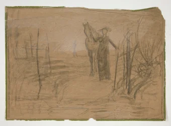 Femme avec cheval dans un paysage - illustration non identifiée