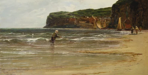 Vue côtière avec une femme pêchant des crevettes, vers 1900