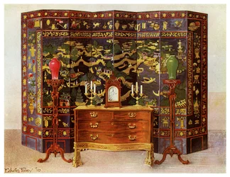Commode courbée et paravent chinois laqué à huit panneaux, 1911-1912