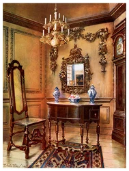 Boiseries, cadre de miroir, table en noyer et chaise, horloge haute en noyer de Charles Wesley, 1910