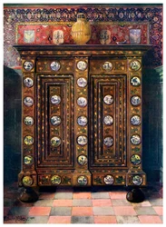 Kas en noyer incrusté et avec médaillons peints de faïence de Delft, 1910