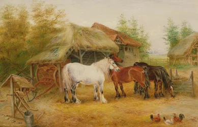Chevaux de trait dans une cour de ferme