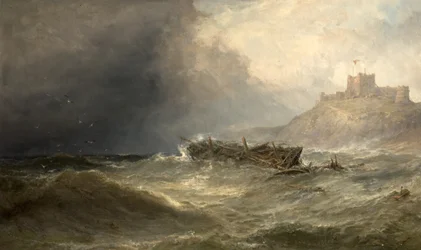 Brig dérivant à terre au large de Bamborough, Northumberland, 1875