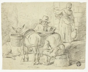 Hommes et ânes, femme à la cruche