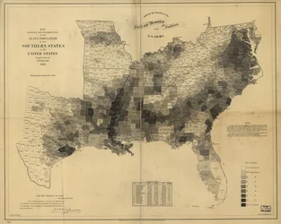 Carte montrant la distribution de la population esclave des États du sud des États-Unis, compilée à partir du recensement de 1860