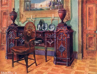 Piédestal sculpté en acajou. Chaise de maître à dossier ovale en forme de roue