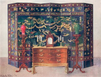 Commode courbée--Chippendale sous influence française. Paravent à huit panneaux incisés et laqués--Chinois