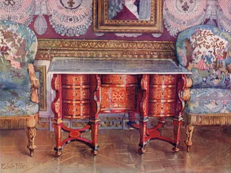 Bureau à genoux en écaille de tortue rouge et laque avec dessus en acier. Boulle. Fauteuils dorés, tapissés en tapisserie