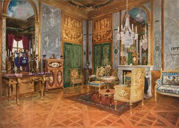Salon de musique de la reine Marie-Antoinette, Palais de Fontainebleau, France. Console sculptée et dorée. Canapé doré en tapisserie de Beauvais. Table, montée en or moulu et avec plaques de Sèvres. Cabinet de marqueterie