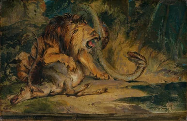 Lion défendant sa proie, vers 1840 (huile sur papier sur toile)