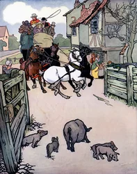 Problème au péage (lithographie en couleur)