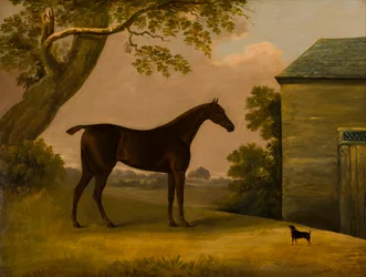 Bay Hunter et un terrier devant une écurie, c.1805