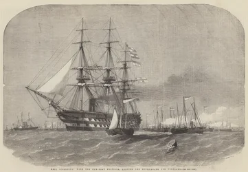 HMS Colossus, avec la flottille de canonnières, quittant Motherbank pour Portland