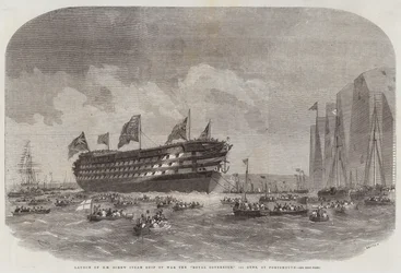 Lancement du navire de guerre à vis HM Royal Sovereign, 131 canons, à Portsmouth
