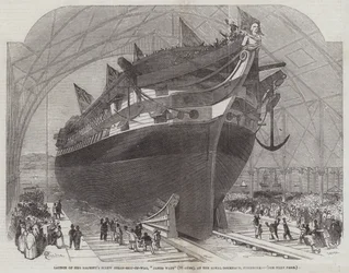 Lancement du navire de guerre à vis de Sa Majesté, James Watt (90 canons), au chantier naval royal de Pembroke