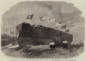 La nouvelle flotte blindée, lancement du navire à vis de Sa Majesté Minotaur 50 canons, du chantier de la Thames Iron Shipbuilding Company à Blackwall