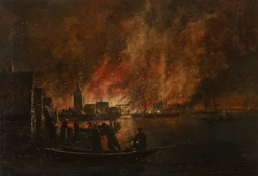 Feu nocturne sur une ville hollandaise