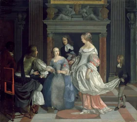 Un intérieur avec des dames et des messieurs jouant aux cartes