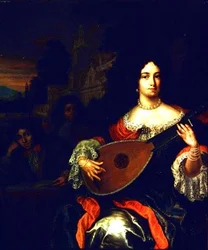 Une dame jouant du luth avec deux garçons à ses côtés