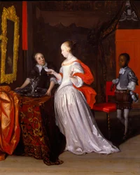 Jeune femme avec une lettre et deux domestiques dans un intérieur distingué