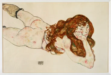 Nu féminin couché sur le ventre - Nu sur elle ... (gouache et crayon noir)