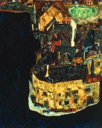 Ville sur la rivière bleue II ... (huile et gouache sur bois)