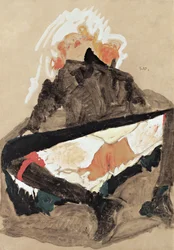 Jeune fille en robe noire, les jambes écartées, 1910