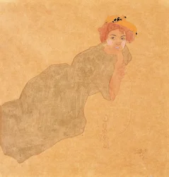 Fille en robe olive avec bras appuyé